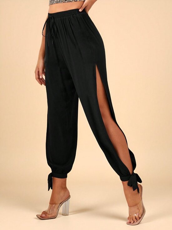 Pants - Black Sexy Women's Split-Thigh Knot-Hem Detail Pants